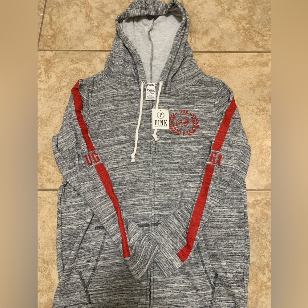 PINK Victoria's Secret  Gray and Red Zip-Up Sweater